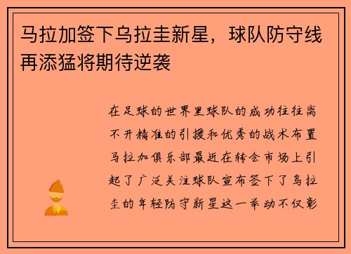 马拉加签下乌拉圭新星，球队防守线再添猛将期待逆袭